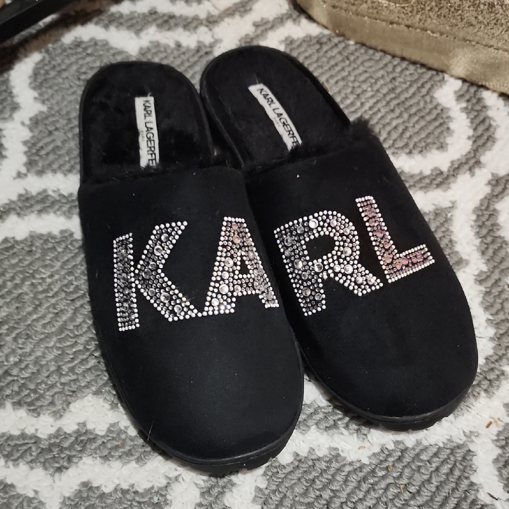 Karl Lagerfeld Black Crystal Embellished Slippers